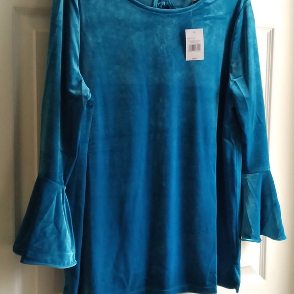 THE LIMITED Size L Mykonos BLUE Velvet Bell Sleeve Keyhole Tie Back Blouse ~New - Picture 4 of 12